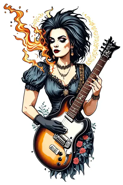A punk rock aunt holding a guitar and casting a spell, blending your love for music and witchcraft tattoo design idea