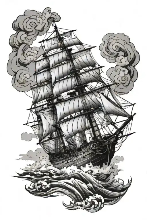 Dutch east India ship sailing through stormy tattoo design idea