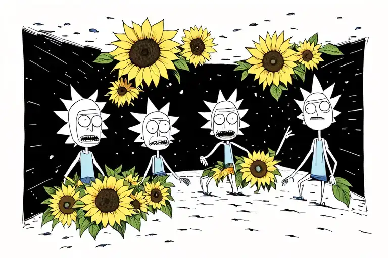 rick and morty chasing themselves through portals inspired with sunflowers tattoo design idea