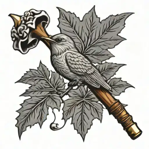 white oak leaves gardenia hummingbird tobacco pipe walking cane tattoo design idea