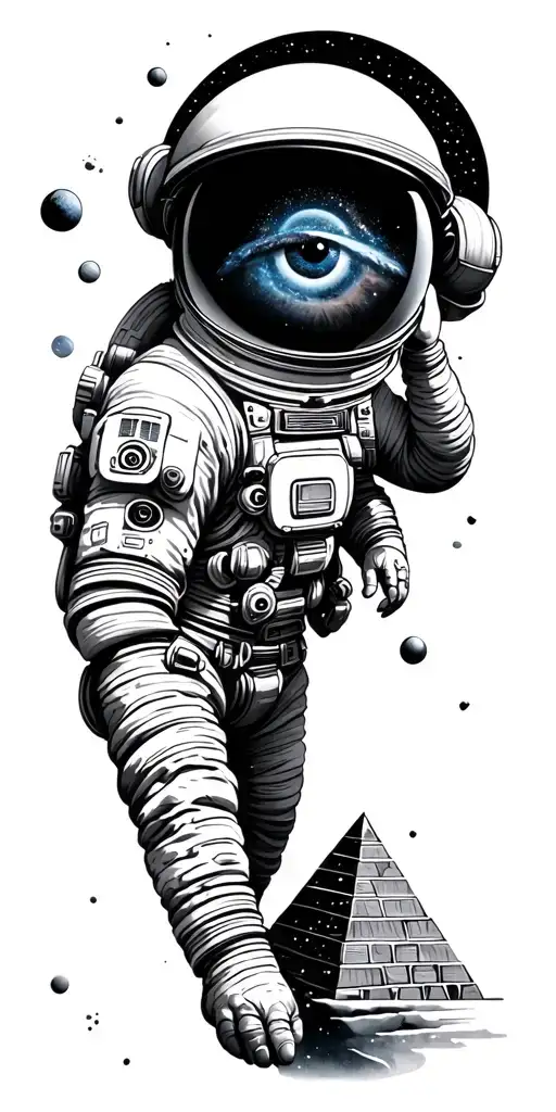 pyramids, galaxy, space, astronaut, planets. all seeing eye tattoo design idea