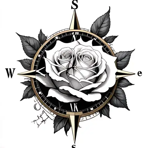 white rose, 2 birth clocks, compass surrounded tattoo design idea