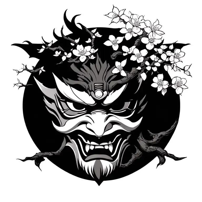 oni mask next to a cherry blossom tree tattoo design idea