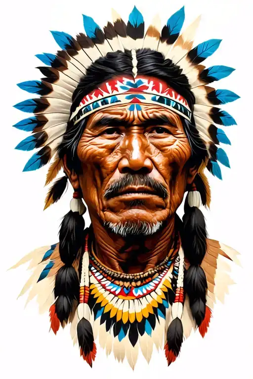 eve American Indian man (Hala y) with wrinkles and on his face symbols of their cultures tattoo design idea