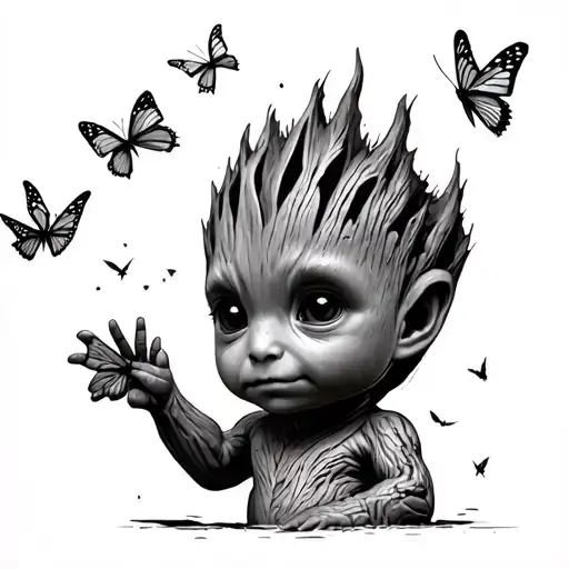 baby groot reaching for butterflies flying tattoo design idea