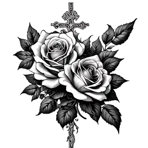 roses, cross, filigree tattoo design idea