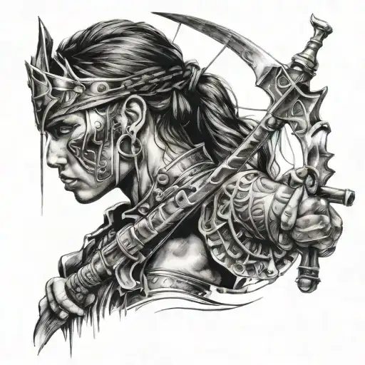 Create me a warrior face and hand drawing a bow weapon string back to take aim tattoo design idea
