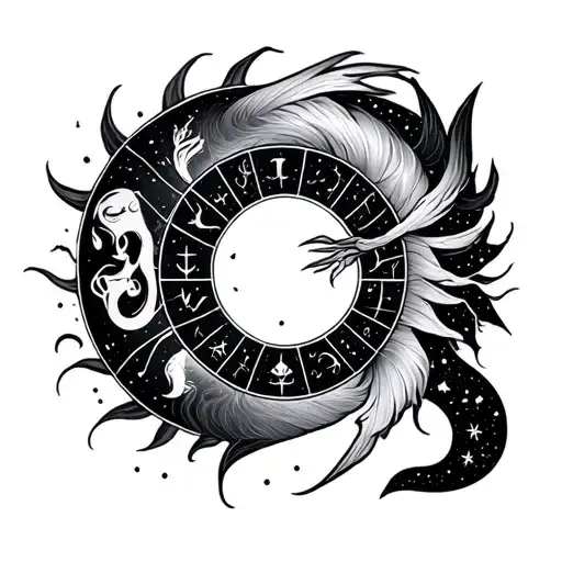 Microrealism sleeve. Conflict of feelings and reason. Zodiac signs constellations: Cancer, Scorpio, Pisces, Capricorn, A tattoo design idea