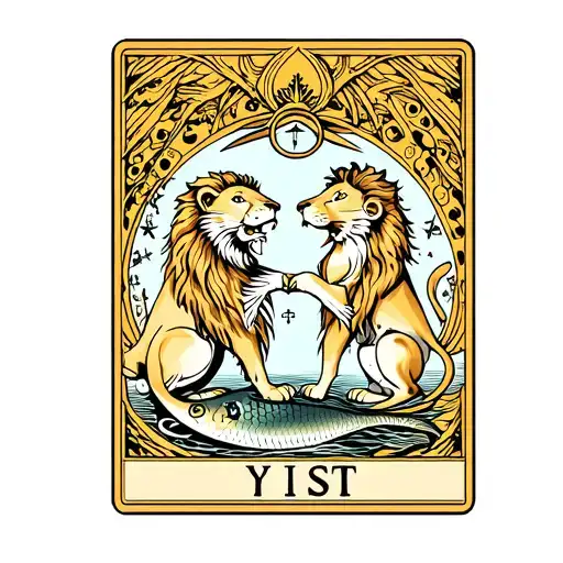 A traditional style tattoo of a Tarot card depicting a lion and a fish surrounded by wedding rings, symbolizing the bond of marriage between a Leo and Pisces tattoo design idea