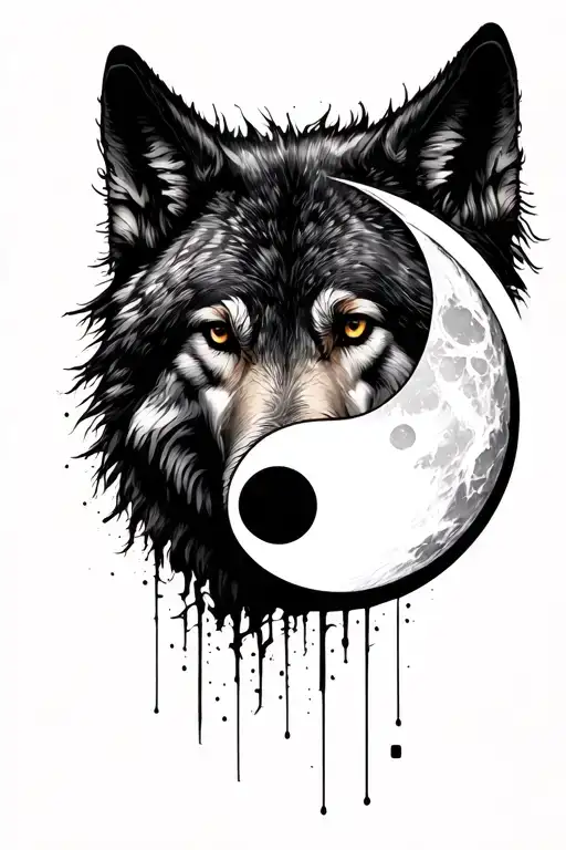 wolf face with background symbolizing balance in life with yin yang symbol as a moon tattoo design idea