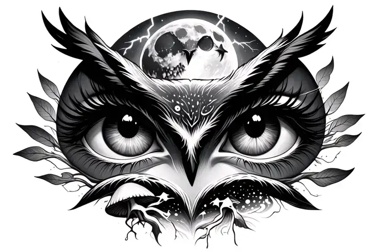 Eyes, moon, lightning, mushrooms, and owls tattoo design idea