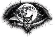 Eyes, moon, lightning, mushrooms, and owls tattoo design idea