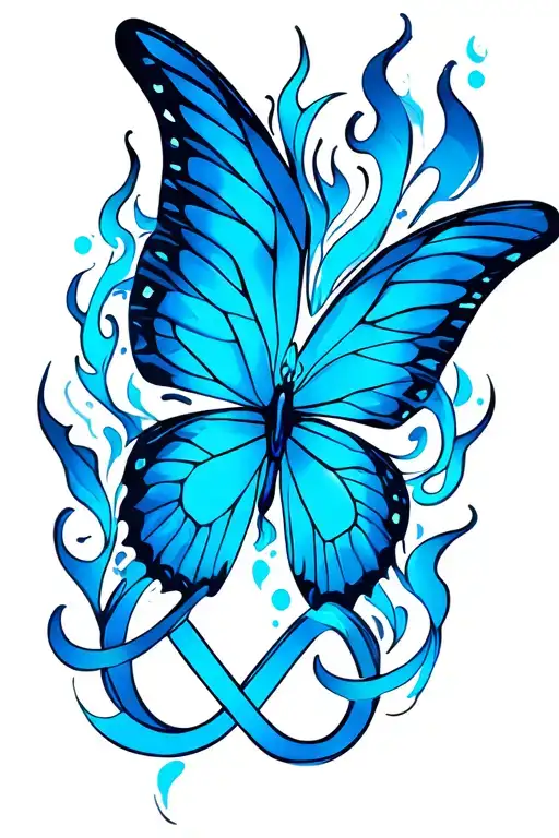 flaming blue butterfly and infinity symbol incorporated tattoo design idea