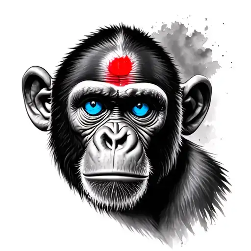 Realism Monkey Face Blue eyes red mark on forehead  tattoo design idea