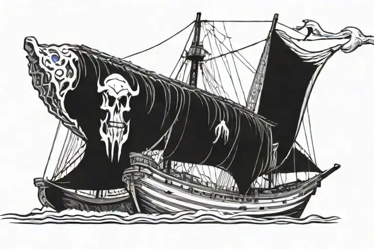 line art of a wooden schooner with at least 9 sails and a larger mastodon skull with 4 tusks on the front of the ship tattoo design idea