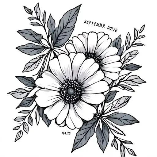 "10.10.20" birth month flowers September and January with line art small leaves around flowers tattoo design idea