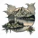 mountains with BOSTON skyline reflection  tattoo design idea