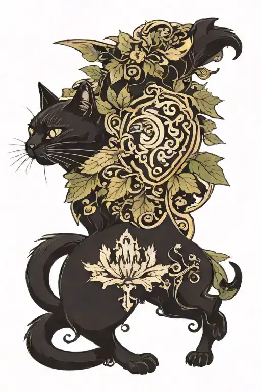 two black cats as knights with foliage like one side tattoo design idea