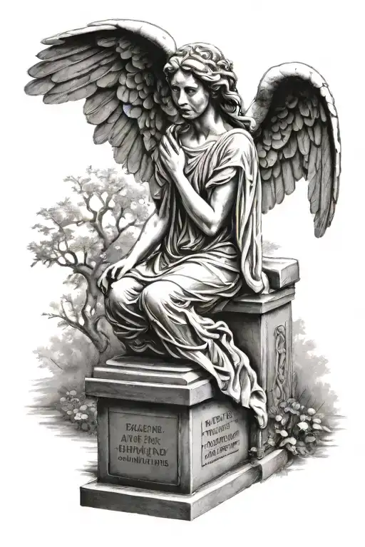 Weeping angel over a tombstone tattoo design idea