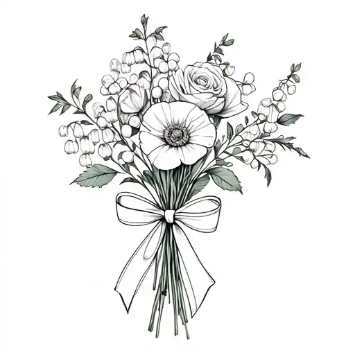 lily of the valley, holly berry, poppy and rose wrapped together in a bouquet, small bow wrap birth flowers. tattoo design idea