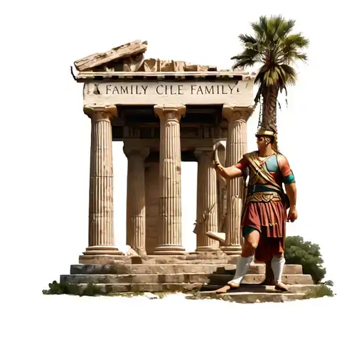 Create the image of a Greek temple where the pillar are written family and with a Greek soldier highlighted with and tattoo design idea