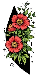 small sailor Jerry flowers surrounded by big black negative spaces embellished with micro twinkles and crosses  tattoo design idea