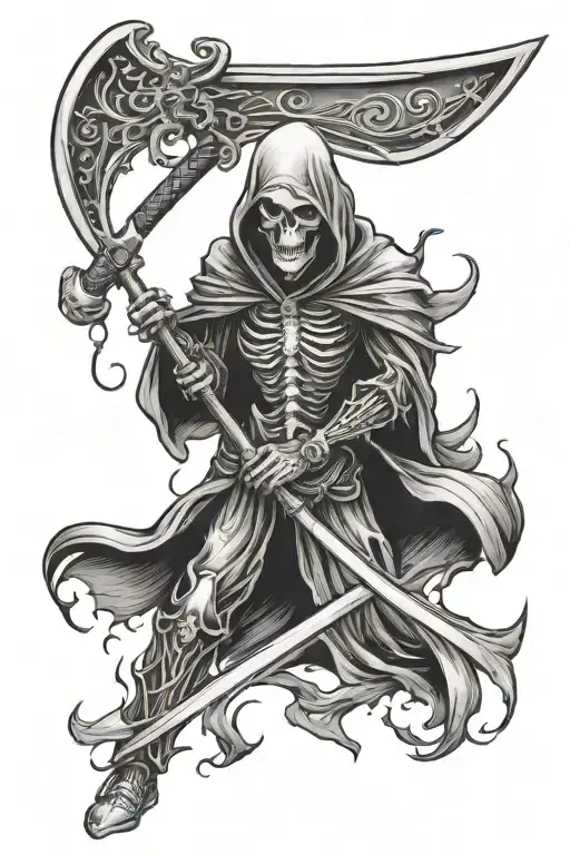 Grim Reaper with scythe and initials FH tattoo design idea