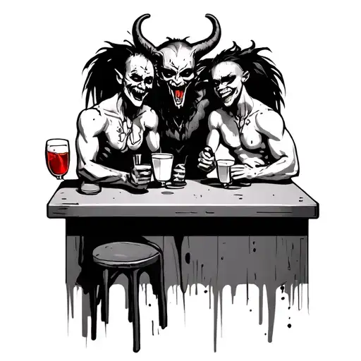 Create a picture on which a punk, a skin and a vomiting devil sit on a bar and drink tattoo design idea