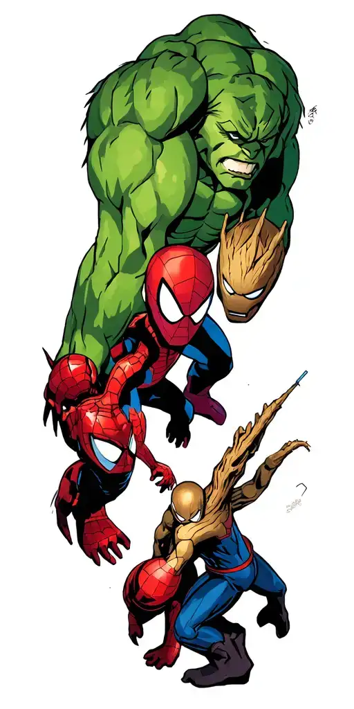 hulk thanos fighting, iron man and spider man hurt baby groot and rocket coming to help with starlord  tattoo design idea