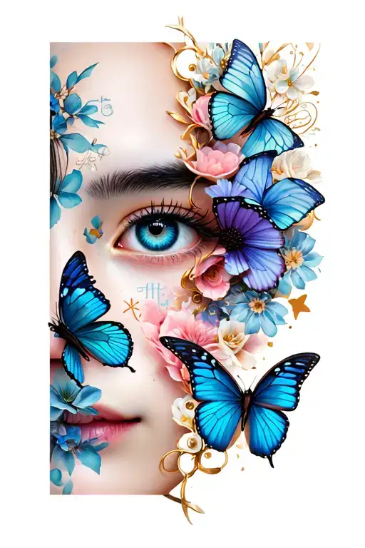 split face, eyes, butterflies, Japanese words beauty and love tattoo design idea