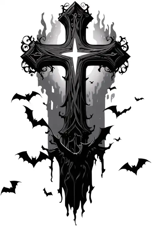 cross with a ton of small bats flying around it tattoo design idea