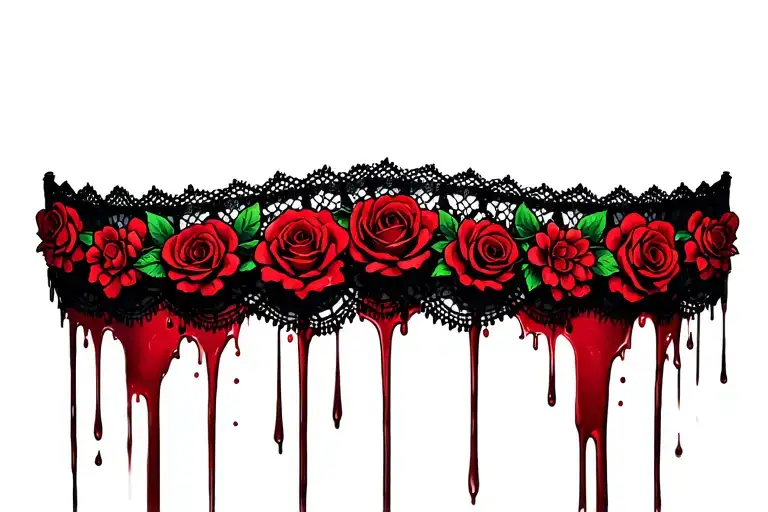 woman's lace choker dripping blood and adorned with roses and flowers  tattoo design idea
