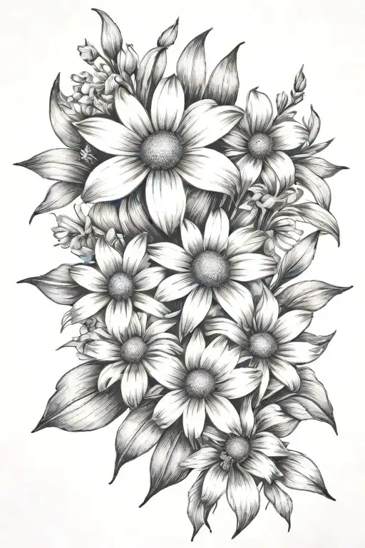 a Daisy, black eyed Susan, iris  and lilac tattoo design idea