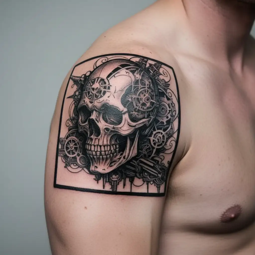 A skull with intricate mechanical details inspired by muscle cars and Harley Davidson motorcycles tattoo design idea