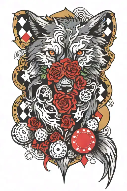 Thanatos, a wolf, a mountain, and money or poker chips  tattoo design idea