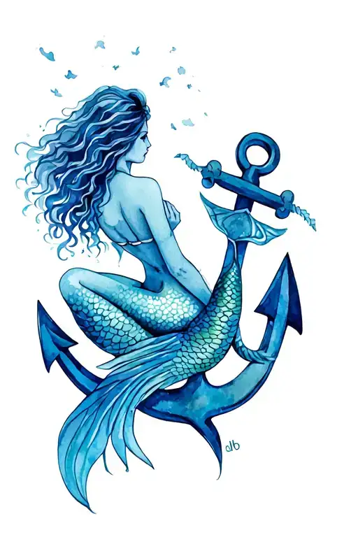 mermaid sitting on an anchor tattoo.  seeing only her back. the mermaid is looking out to see. tail and hair in the wind tattoo design idea