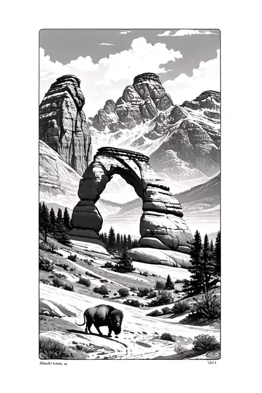 teton mountains with "delicate arch" from arches national park and bison  tattoo design idea