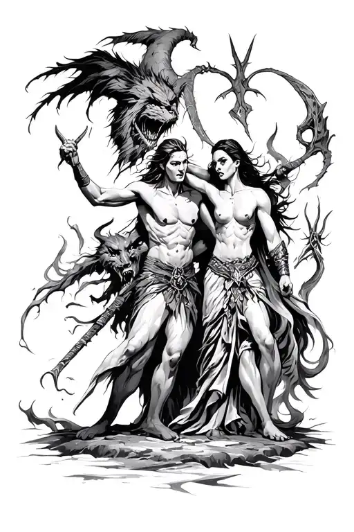 a spirit warrior, barbarian, Druid, Amazon warrior and sorcerer fight Lilith and her demon spawns  tattoo design idea