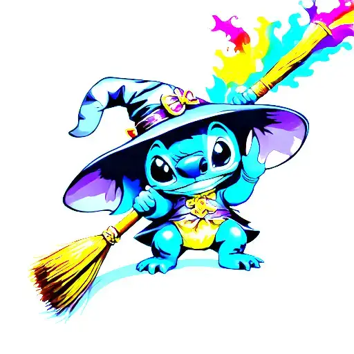 stitch in a witches costume holding a rainbow broom  tattoo design idea