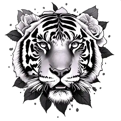 time clock roses and tiger surrounded tattoo design idea