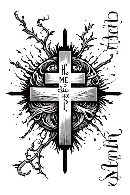 a cross with He>I running through it with a verse or babile word down the side with some complexity tattoo design idea