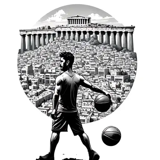 a guy holding a basketball looking at an old athens city with the acropolis on top tattoo design idea