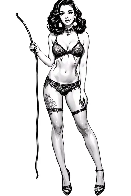 pin up girl full body black and grey holding long stick between legs tattoo design idea