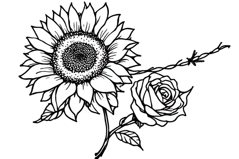 sunflower barb wire and roses tattoo design idea