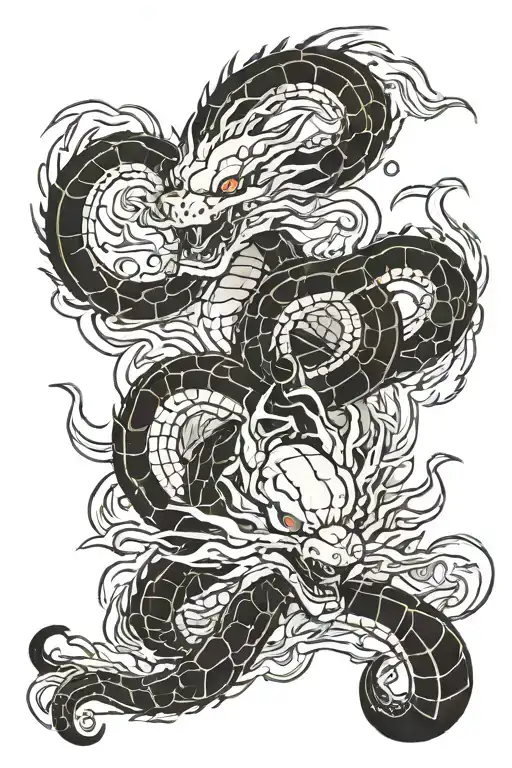 shenron being summoned from dragon balls with lots of lightning and energy and darm clouds. dragon ball down the bottom tattoo design idea
