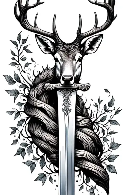long sword wrapped masculine deer head handle small leaves running vines tattoo design idea