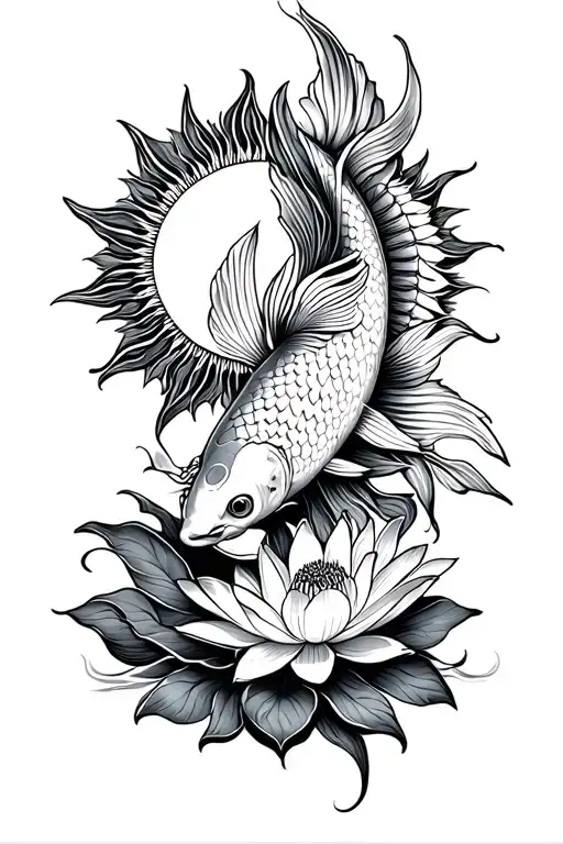 Vertical integration of a radiant sun, a koi fish, and a lotus flower. tattoo design idea