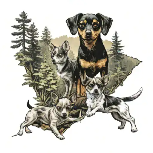 A trio of Chihuahua, Dachshund, and Jack Russel Terrier playing together in a lush Pacific Northwest forest tattoo design idea