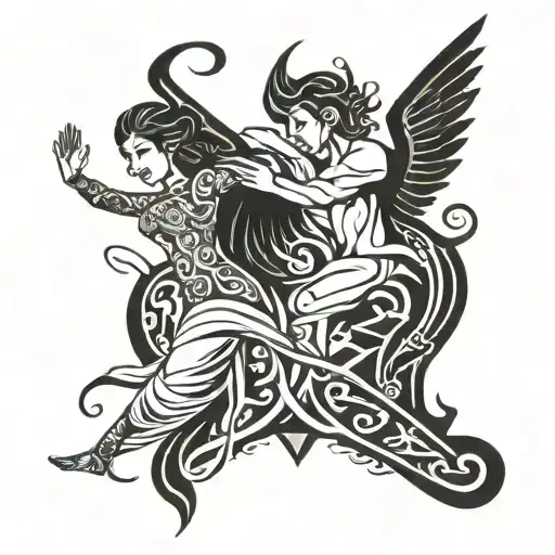 A black tattoo depicting a woman who is an angel and a man who is a devil, hand in hand moving towards the horizon, alon tattoo design idea