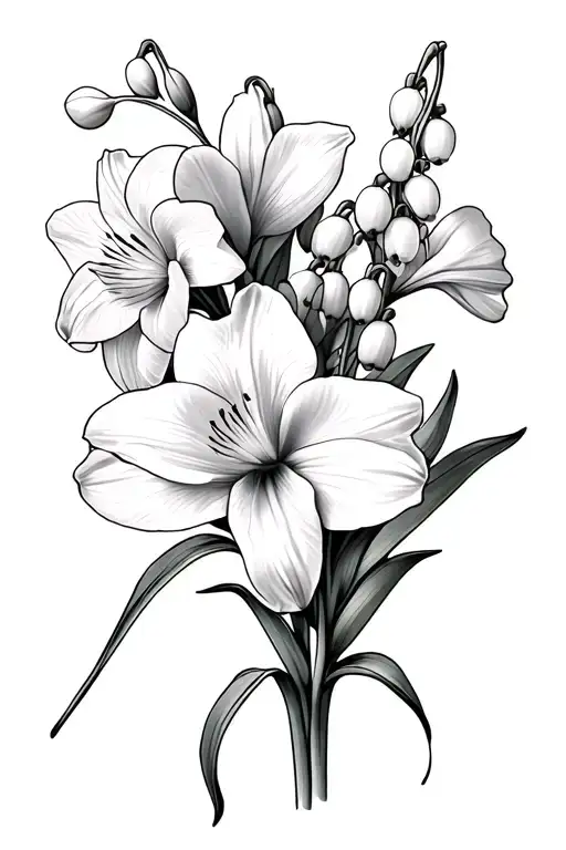 daffodil, lily of the valley, gladiolus flowers tattoo design idea